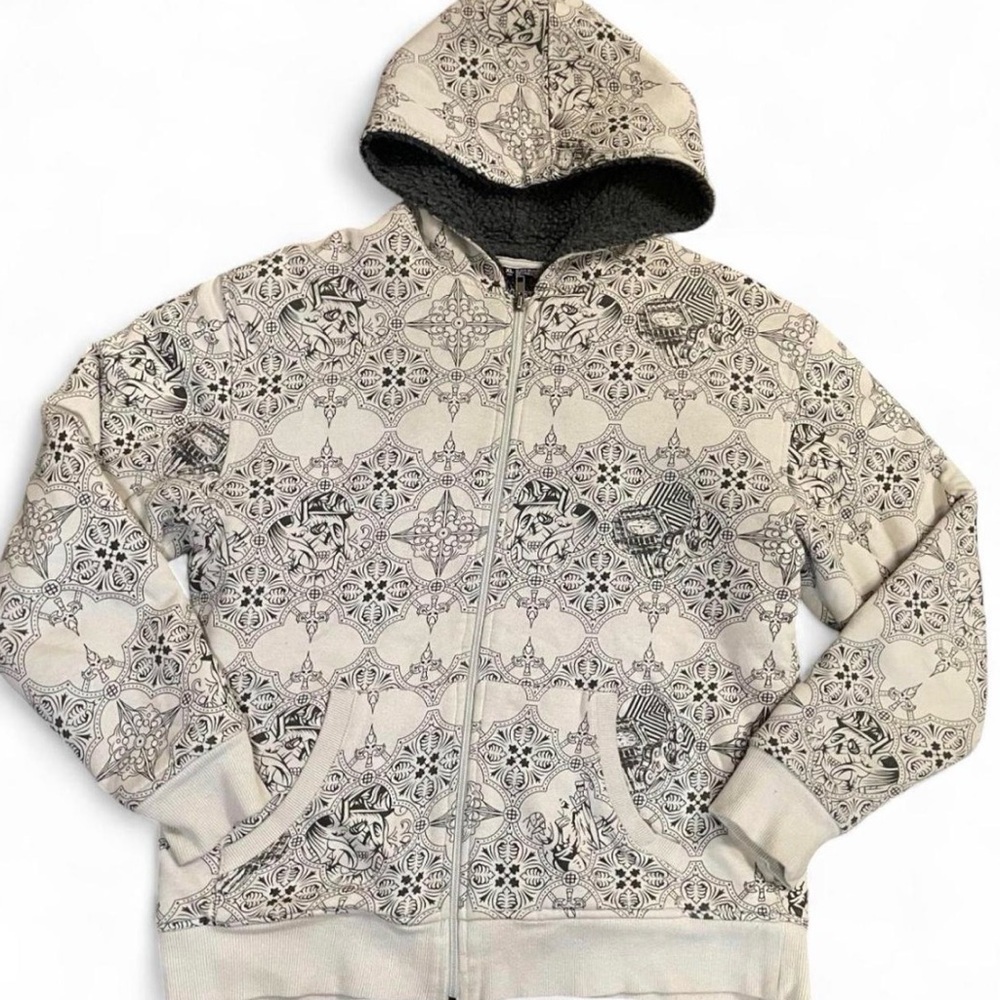 Indigo Star Y2K Skull Medallion Print Sherpa Lined Full Zip Hoodie Size XL Youth